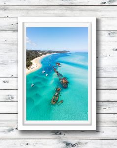 The shipwrecks of Tangalooma from the air.