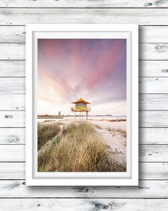 Currumbin lifeguard tower at sunset.